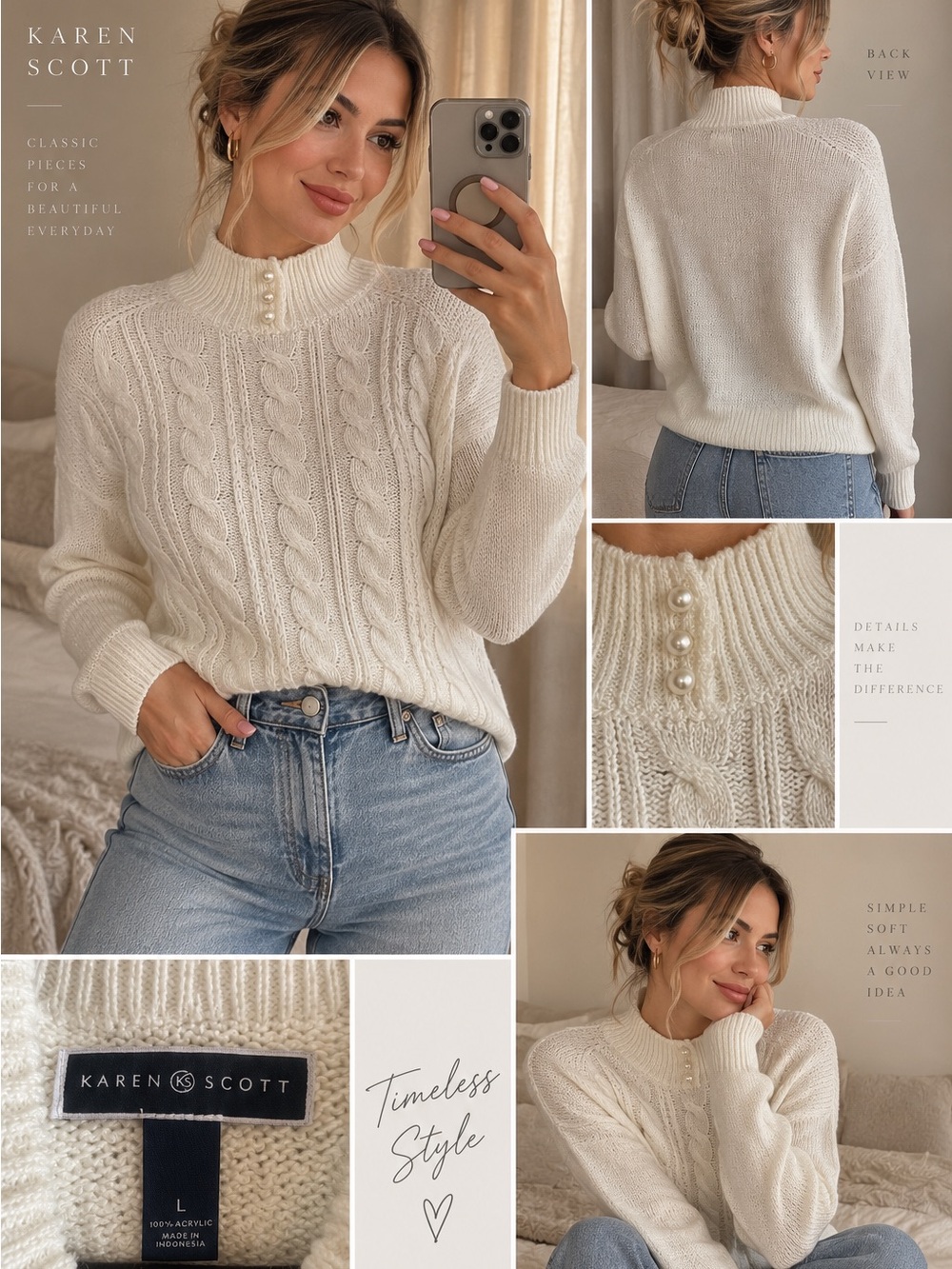 Karen Scott Ivory Cable-Knit Mock Neck Sweater with Pearl Buttons